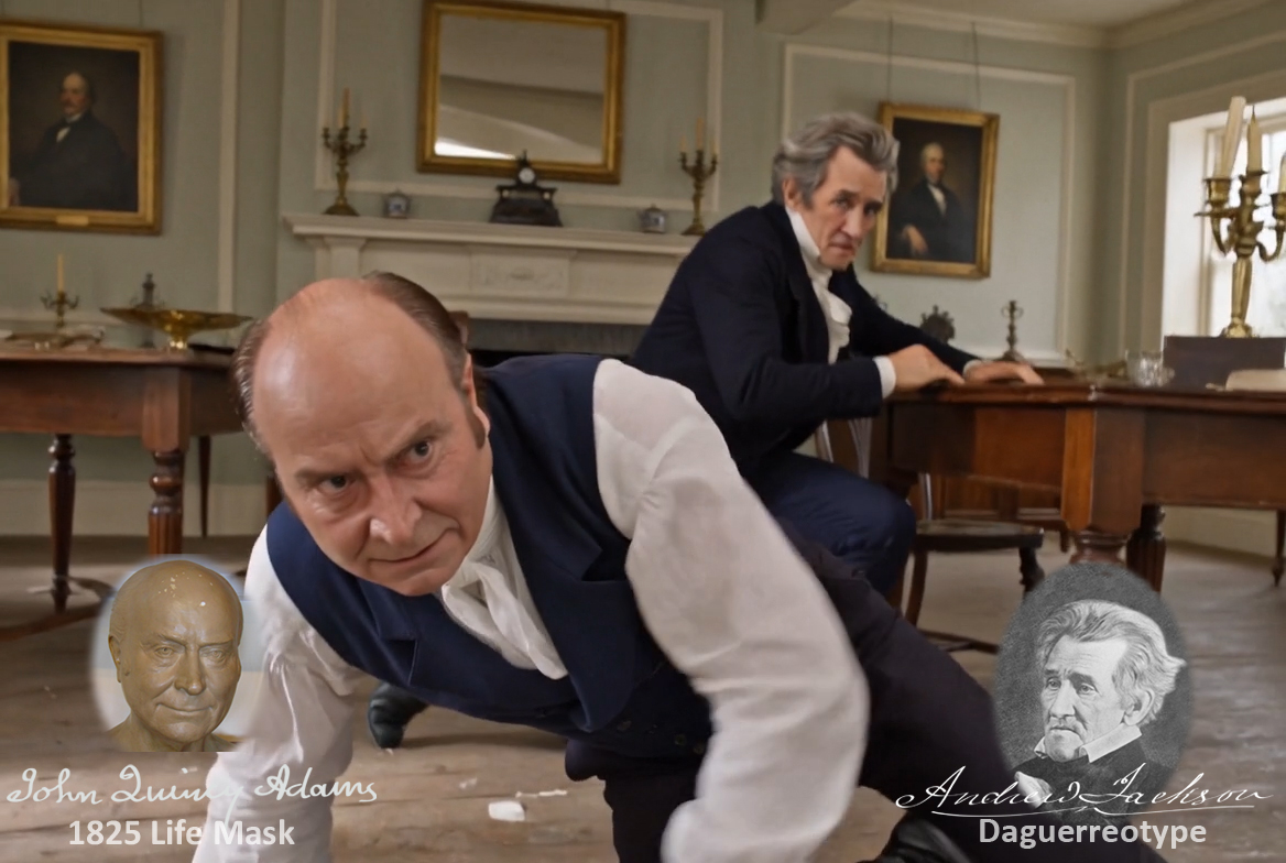 Fictional fight scene between Andrew Jackson and John Quincy Adams, featuring historically reconstructed likenesses based on Jackson's authentic daguerreotypes and Adams's 1825 life mask