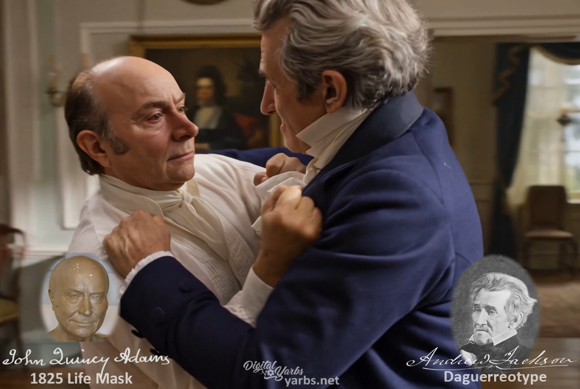 Fictional fight scene between Andrew Jackson and John Quincy Adams, featuring historically reconstructed likenesses based on Jackson's authentic daguerreotypes and Adams's 1825 life mask