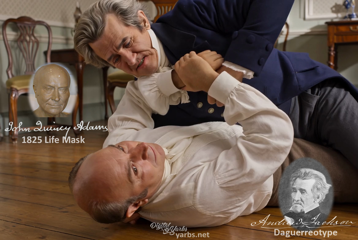 Fictional fight scene between Andrew Jackson and John Quincy Adams, featuring historically reconstructed likenesses based on Jackson's authentic daguerreotypes and Adams's 1825 life mask