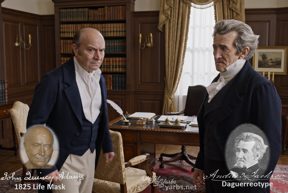 Fictional fight scene between Andrew Jackson and John Quincy Adams, featuring historically reconstructed likenesses based on Jackson's authentic daguerreotypes and Adams's 1825 life mask