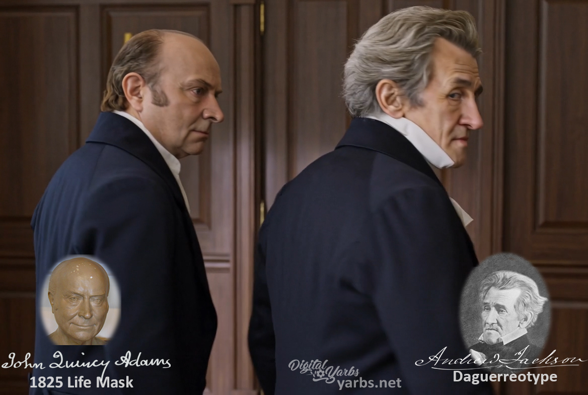 Fictional fight scene between Andrew Jackson and John Quincy Adams, featuring historically reconstructed likenesses based on Jackson's authentic daguerreotypes and Adams's 1825 life mask