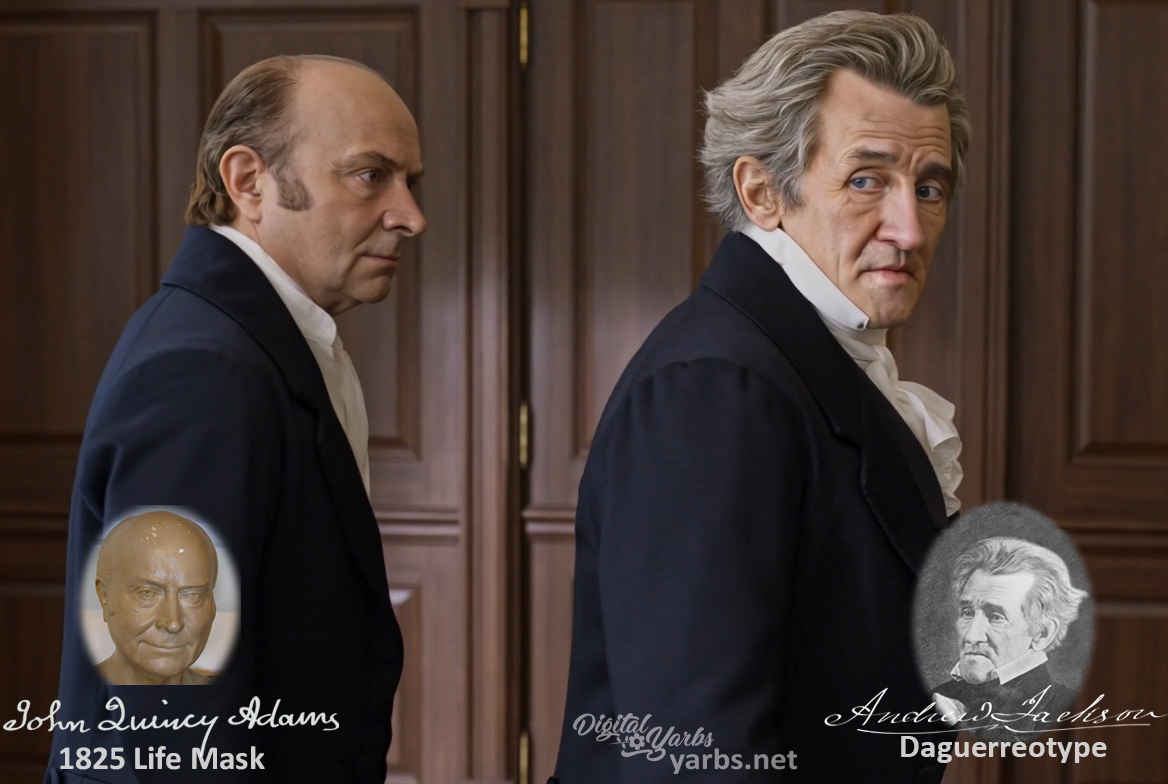 Fictional fight scene between Andrew Jackson and John Quincy Adams, featuring historically reconstructed likenesses based on Jackson's authentic daguerreotypes and Adams's 1825 life mask