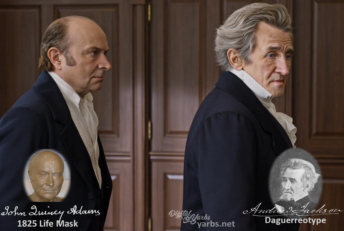 Fictional fight scene between Andrew Jackson and John Quincy Adams, featuring historically reconstructed likenesses based on Jackson's authentic daguerreotypes and Adams's 1825 life mask