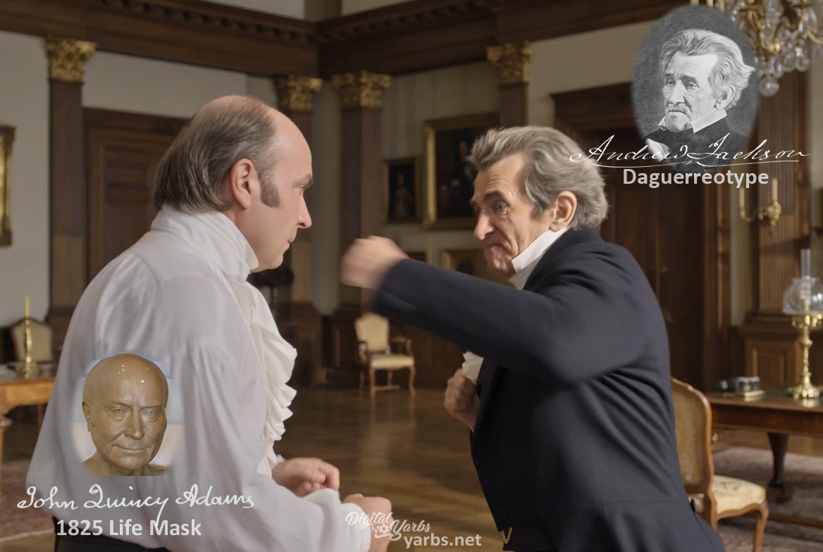 Fictional fight scene between Andrew Jackson and John Quincy Adams, featuring historically reconstructed likenesses based on Jackson's authentic daguerreotypes and Adams's 1825 life mask