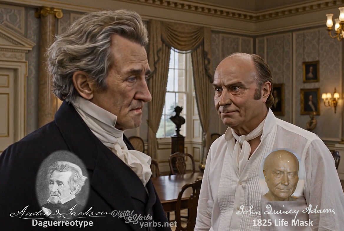 Fictional fight scene between Andrew Jackson and John Quincy Adams, featuring historically reconstructed likenesses based on Jackson's authentic daguerreotypes and Adams's 1825 life mask