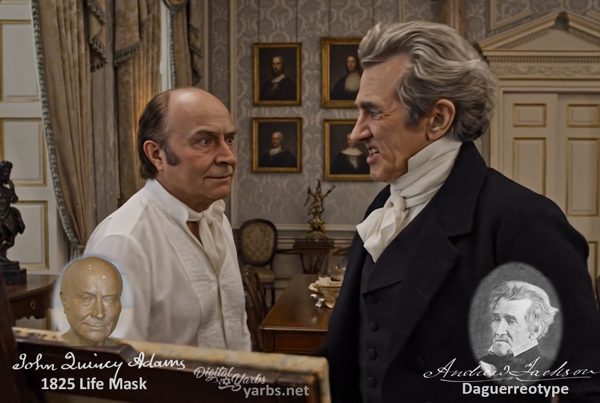 Fictional fight scene between Andrew Jackson and John Quincy Adams, featuring historically reconstructed likenesses based on Jackson's authentic daguerreotypes and Adams's 1825 life mask