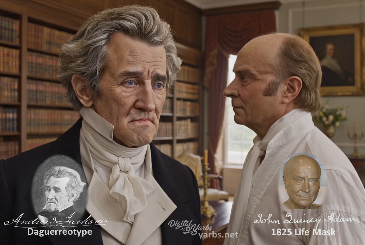 Fictional fight scene between Andrew Jackson and John Quincy Adams, featuring historically reconstructed likenesses based on Jackson's authentic daguerreotypes and Adams's 1825 life mask