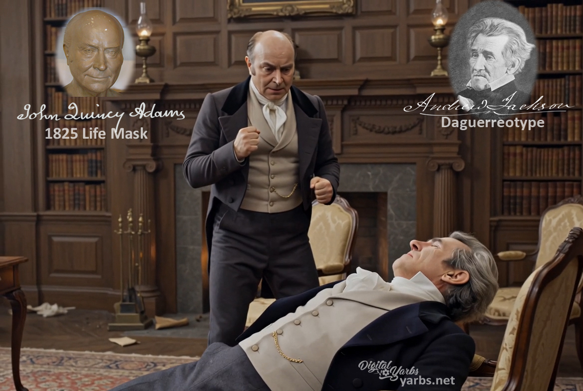 Fictional fight scene between Andrew Jackson and John Quincy Adams, featuring historically reconstructed likenesses based on Jackson's authentic daguerreotypes and Adams's 1825 life mask