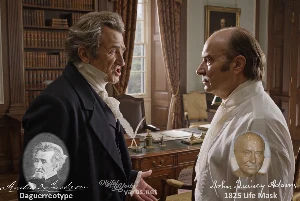 Fictional fight scene between Andrew Jackson and John Quincy Adams, featuring historically reconstructed likenesses based on Jackson's authentic daguerreotypes and Adams's 1825 life mask