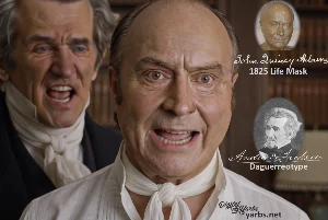 Fictional fight scene between Andrew Jackson and John Quincy Adams, featuring historically reconstructed likenesses based on Jackson's authentic daguerreotypes and Adams's 1825 life mask