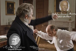 Fictional fight scene between Andrew Jackson and John Quincy Adams, featuring historically reconstructed likenesses based on Jackson's authentic daguerreotypes and Adams's 1825 life mask