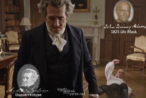 Fictional fight scene between Andrew Jackson and John Quincy Adams, featuring historically reconstructed likenesses based on Jackson's authentic daguerreotypes and Adams's 1825 life mask