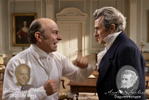 Fictional fight scene between Andrew Jackson and John Quincy Adams, featuring historically reconstructed likenesses based on Jackson's authentic daguerreotypes and Adams's 1825 life mask