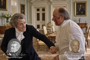 Fictional fight scene between Andrew Jackson and John Quincy Adams, featuring historically reconstructed likenesses based on Jackson's authentic daguerreotypes and Adams's 1825 life mask