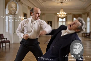 Fictional fight scene between Andrew Jackson and John Quincy Adams, featuring historically reconstructed likenesses based on Jackson's authentic daguerreotypes and Adams's 1825 life mask