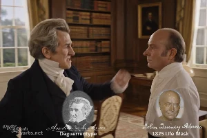 Fictional fight scene between Andrew Jackson and John Quincy Adams, featuring historically reconstructed likenesses based on Jackson's authentic daguerreotypes and Adams' 1825 life mask