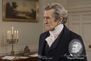 Fictional fight scene between Andrew Jackson and John Quincy Adams, featuring historically reconstructed likenesses based on Jackson's authentic daguerreotypes and Adams' 1825 life mask