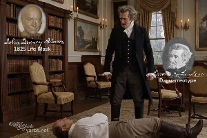Fictional fight scene between Andrew Jackson and John Quincy Adams, featuring historically reconstructed likenesses based on Jackson's authentic daguerreotypes and Adams' 1825 life mask