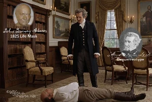 Fictional fight scene between Andrew Jackson and John Quincy Adams, featuring historically reconstructed likenesses based on Jackson's authentic daguerreotypes and Adams' 1825 life mask