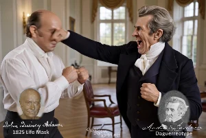 Fictional fight scene between Andrew Jackson and John Quincy Adams, featuring historically reconstructed likenesses based on Jackson's authentic daguerreotypes and Adams' 1825 life mask