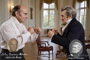 Fictional fight scene between Andrew Jackson and John Quincy Adams, featuring historically reconstructed likenesses based on Jackson's authentic daguerreotypes and Adams' 1825 life mask