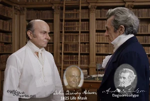 Fictional fight scene between Andrew Jackson and John Quincy Adams, featuring historically reconstructed likenesses based on Jackson's authentic daguerreotypes and Adams' 1825 life mask