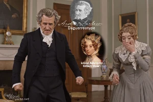 Fictional fight scene between Andrew Jackson and John Quincy Adams, featuring historically reconstructed likenesses based on Jackson's authentic daguerreotypes and Adams's 1825 life mask