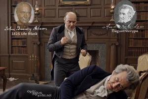Fictional fight scene between Andrew Jackson and John Quincy Adams, featuring historically reconstructed likenesses based on Jackson's authentic daguerreotypes and Adams' 1825 life mask
