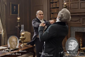Fictional fight scene between Andrew Jackson and John Quincy Adams, featuring historically reconstructed likenesses based on Jackson's authentic daguerreotypes and Adams' 1825 life mask