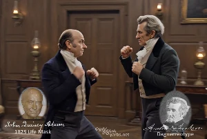 Fictional fight scene between Andrew Jackson and John Quincy Adams, featuring historically reconstructed likenesses based on Jackson's authentic daguerreotypes and Adams' 1825 life mask
