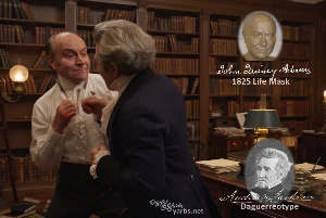 Fictional fight scene between Andrew Jackson and John Quincy Adams, featuring historically reconstructed likenesses based on Jackson's authentic daguerreotypes and Adams' 1825 life mask