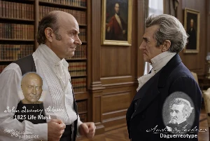 Fictional fight scene between Andrew Jackson and John Quincy Adams, featuring historically reconstructed likenesses based on Jackson's authentic daguerreotypes and Adams's 1825 life mask