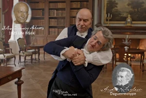 Fictional fight scene between Andrew Jackson and John Quincy Adams, featuring historically reconstructed likenesses based on Jackson's authentic daguerreotypes and Adams' 1825 life mask