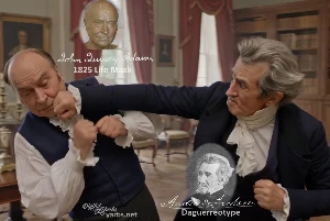 Fictional fight scene between Andrew Jackson and John Quincy Adams, featuring historically reconstructed likenesses based on Jackson's authentic daguerreotypes and Adams' 1825 life mask