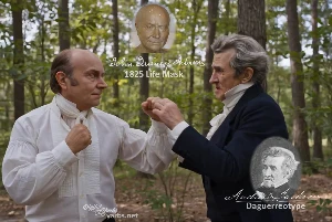 Fictional fight scene between Andrew Jackson and John Quincy Adams, featuring historically reconstructed likenesses based on Jackson's authentic daguerreotypes and Adams' 1825 life mask