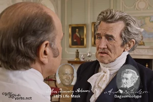 Fictional fight scene between Andrew Jackson and John Quincy Adams, featuring historically reconstructed likenesses based on Jackson's authentic daguerreotypes and Adams' 1825 life mask