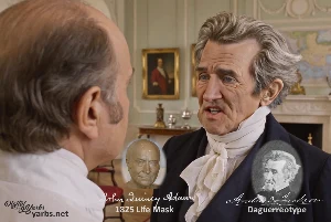 Fictional fight scene between Andrew Jackson and John Quincy Adams, featuring historically reconstructed likenesses based on Jackson's authentic daguerreotypes and Adams' 1825 life mask