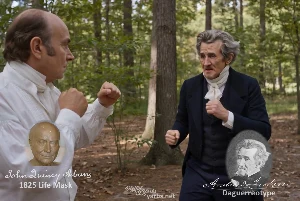 Fictional fight scene between Andrew Jackson and John Quincy Adams, featuring historically reconstructed likenesses based on Jackson's authentic daguerreotypes and Adams' 1825 life mask