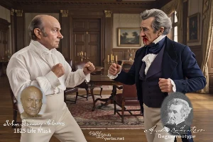 Fictional fight scene between Andrew Jackson and John Quincy Adams, featuring historically reconstructed likenesses based on Jackson's authentic daguerreotypes and Adams' 1825 life mask