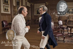 Fictional fight scene between Andrew Jackson and John Quincy Adams, featuring historically reconstructed likenesses based on Jackson's authentic daguerreotypes and Adams' 1825 life mask