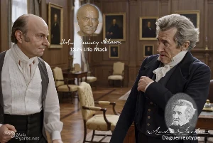 Fictional fight scene between Andrew Jackson and John Quincy Adams, featuring historically reconstructed likenesses based on Jackson's authentic daguerreotypes and Adams's 1825 life mask
