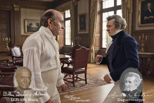Fictional fight scene between Andrew Jackson and John Quincy Adams, featuring historically reconstructed likenesses based on Jackson's authentic daguerreotypes and Adams' 1825 life mask