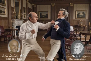 Fictional fight scene between Andrew Jackson and John Quincy Adams, featuring historically reconstructed likenesses based on Jackson's authentic daguerreotypes and Adams' 1825 life mask