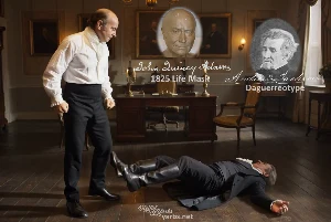 Fictional fight scene between Andrew Jackson and John Quincy Adams, featuring historically reconstructed likenesses based on Jackson's authentic daguerreotypes and Adams' 1825 life mask