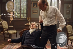 Fictional fight scene between Andrew Jackson and John Quincy Adams, featuring historically reconstructed likenesses based on Jackson's authentic daguerreotypes and Adams' 1825 life mask