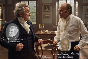 Fictional fight scene between Andrew Jackson and John Quincy Adams, featuring historically reconstructed likenesses based on Jackson's authentic daguerreotypes and Adams' 1825 life mask