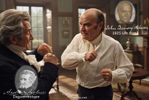 Fictional fight scene between Andrew Jackson and John Quincy Adams, featuring historically reconstructed likenesses based on Jackson's authentic daguerreotypes and Adams' 1825 life mask