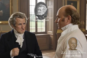 Fictional fight scene between Andrew Jackson and John Quincy Adams, featuring historically reconstructed likenesses based on Jackson's authentic daguerreotypes and Adams' 1825 life mask