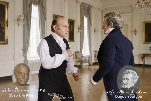 Fictional fight scene between Andrew Jackson and John Quincy Adams, featuring historically reconstructed likenesses based on Jackson's authentic daguerreotypes and Adams' 1825 life mask