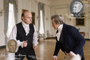 Fictional fight scene between Andrew Jackson and John Quincy Adams, featuring historically reconstructed likenesses based on Jackson's authentic daguerreotypes and Adams' 1825 life mask